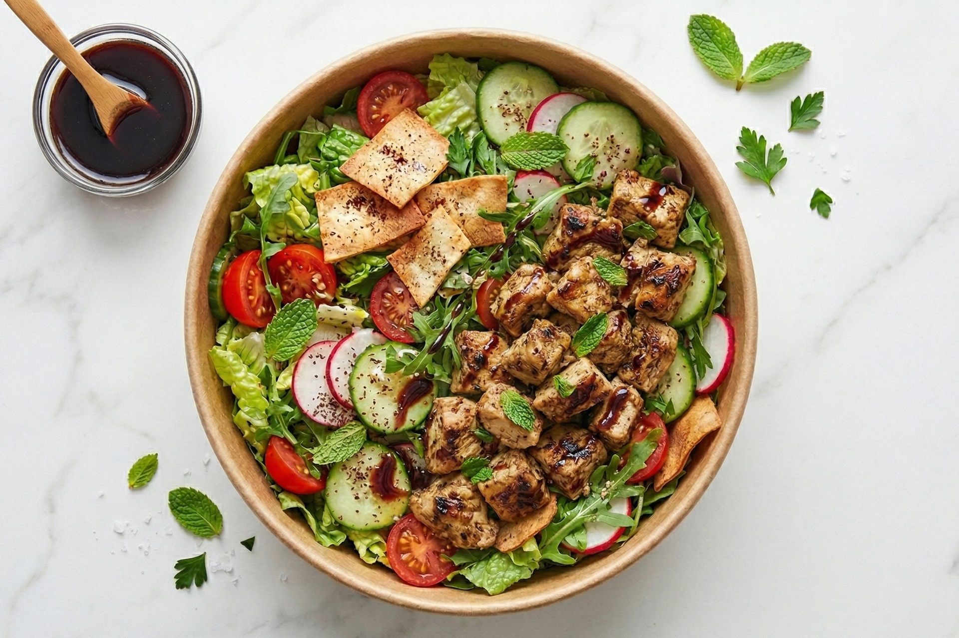 Chicken fattoush salad bowl with grilled chicken, cucumber, tomato, radish and crispy pita