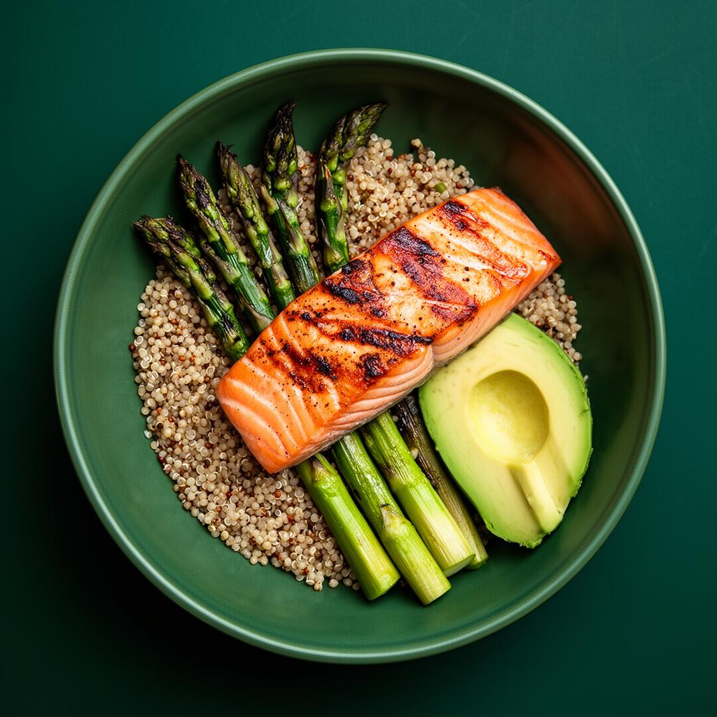 Grilled salmon with quinoa, asparagus and avocado on a hunter green ceramic bowl